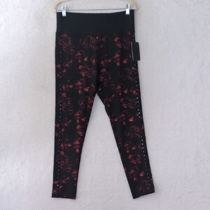 BSP Womens Red & Back Floral Print Beaded Ankle‎ Leggings Size XL